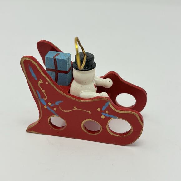 Vintage Hand Painted 2" Wooden Snowman on Red Sled Christmas Ornament - Picture 2 of 5